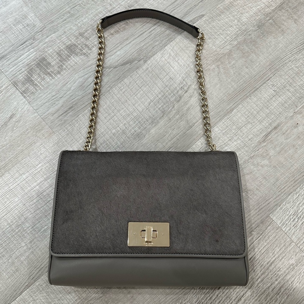Kate Spade Calf Hair Leather Gray Shoulder Gold Chain Bag